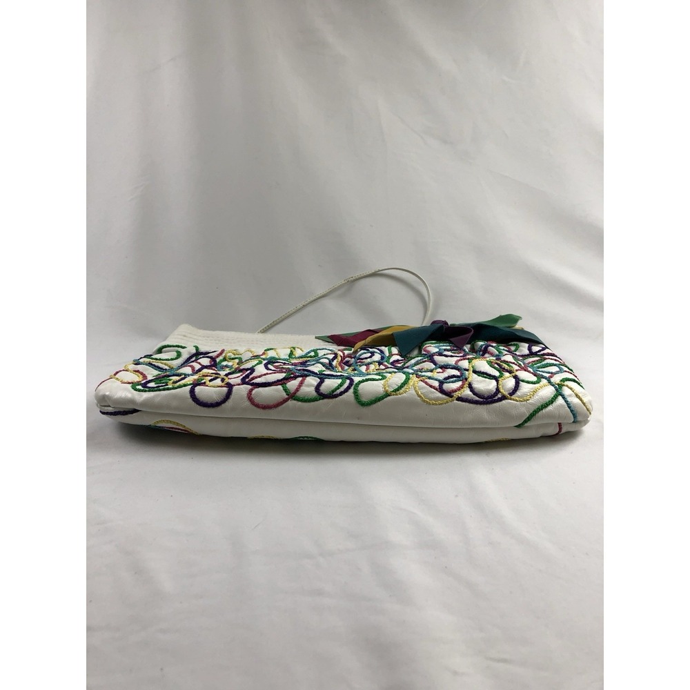 Vintage 80s Opulent Containers White Leather Crossbody Bag Abstract Bow Clutch - Picture 10 of 10